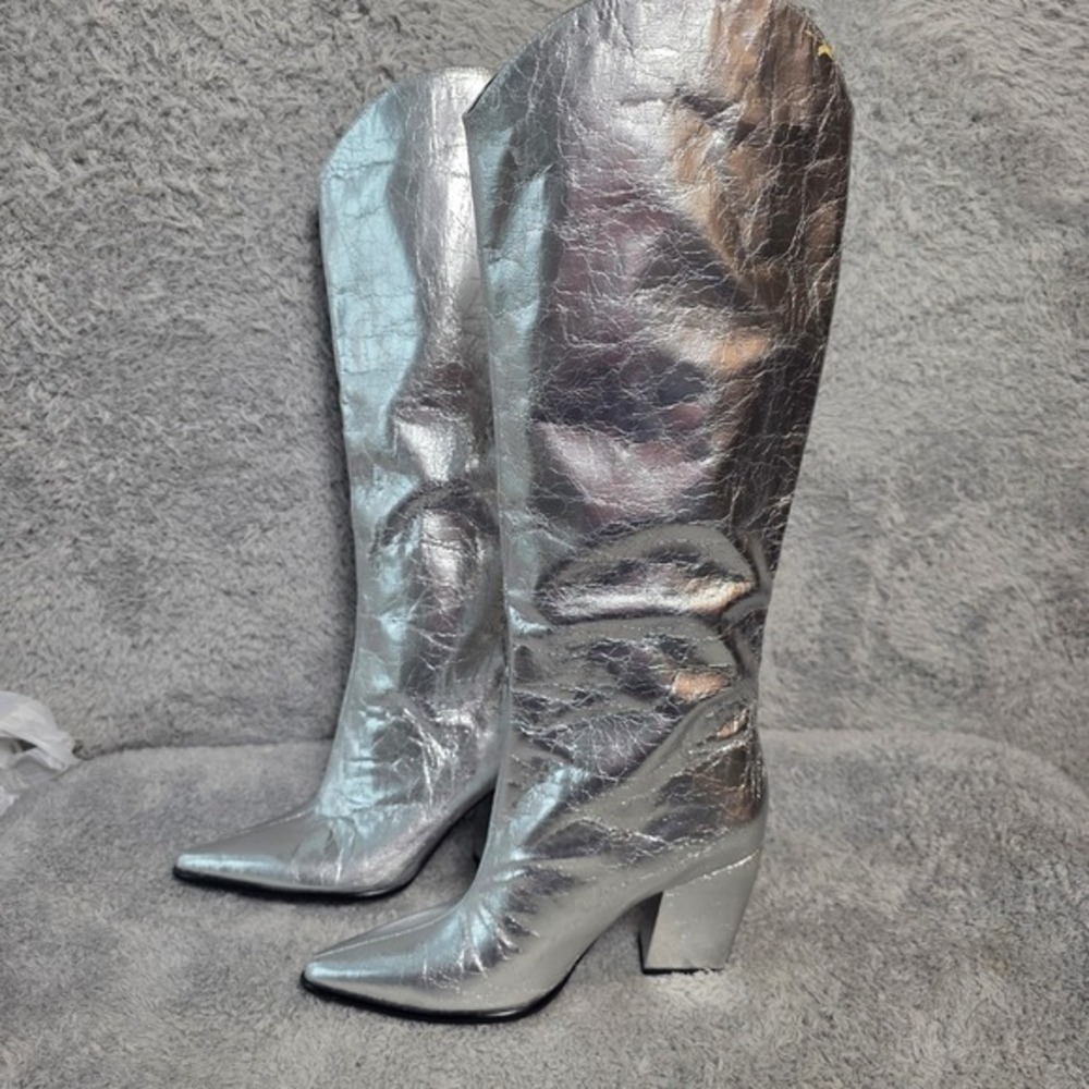 Steve Madden Silver Crinkle Metallic Knee High Boots Pointed Toe Womens 8.5 NEW